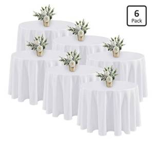 lot 1469 image: 6 Pack White Round Tablecloths - 120 Inches in Diameter - Stain Resistant and Washable Table Clothes