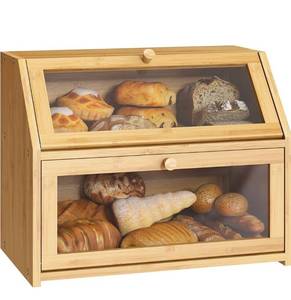 lot 1471 image: Farmhouse Bread Box for Kitchen Countertop Bread box Double Layer Bamboo Wooden Extra Large Capacity Bin Kitchen Food Storage Container(Natural)