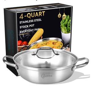 lot 1473 image: LOLYKITCH 12 Inch Tri-Ply Stainless Steel Saut� Pan with Lid,4 QT Hot Pot, Everyday Pan,Kadhai,Induction Cooking Pan,Jumbo Cooker,Dishwasher and Oven Safe.