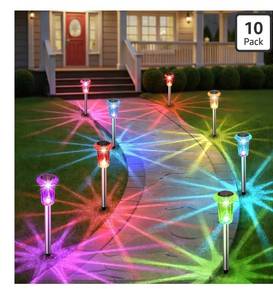 lot 1477 image: Eyrosa Solar Outdoor Lights, 10 Pack Solar Pathway Lights Outdoor Waterproof, Stainless Steel Stake Lighting for Garden Yard Path Walkway Driveway Patio Lawn Outside Decor,Color Changing