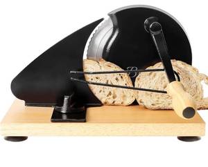 lot 1482 image: Brvclon Manual Bread Slicer for Homemade Sourdough,Adjustable Thickness,Hand Crank Bread Slicer with Stainless Steel Blade, Aluminum Alloy Frame & Solid Wood Base with Natural Wood Veneer Finish