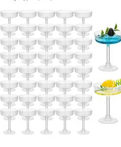 lot 1488 image: 50 Pcs Ribbed Martini Glasses 5 oz Disposable Plastic Vintage Ribbed Coupe Glasses Cocktail Unbreakable Dessert Parfait Glassware