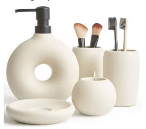 lot 1506 image: Ceramic Bathroom Accessory Set, 5 Pcs - Soap Dispenser 16 Oz, Toothbrush Cup, Toothbrush Holder, Soap Dish, Candle Holder - Beige