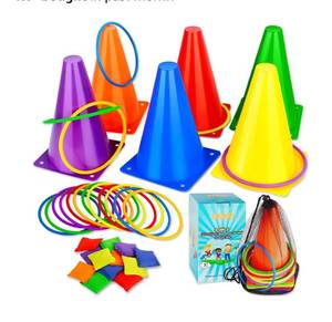 lot 1515 image: 3 in 1 Carnival Games Set, Soft Plastic Cones Bean Bags Ring Toss Games for Kids Birthday Party Outdoor Games Supplies Combo Set