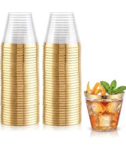 lot 1522 image: Hioasis 100Pcs 9OZ Clear Plastic Cups with Gold Trim - Plastic Disposable Cups, Heavy Duty & BPA-free for Party, Wedding, Celebrations