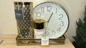 lot 20 image: Gold Home Decor Bundle - Mikasa Vase, Quartz Wall Clock, Cotton Swab Holder & Decorative Tray