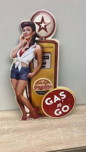 lot 32 image: Gas N Go Pin-Up Girl Gasoline Metal Wall Sign, see images for size