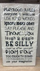 lot 40 image: Playroom Rules Wooden Wall Sign new in wrapper 28 inches tall