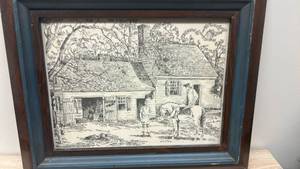 lot 57 image: Vintage Vernon Wooten Signed Pen & Ink Print - Colonial Scene with Horseman
