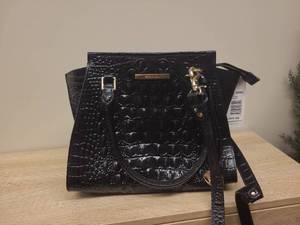 lot 81 image: Brahmin Black Croc-Embossed Leather Satchel Handbag