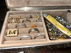 lot 101 image: Mixed Jewelry and Collectibles Lot in jewelry box, several sterling silver rings I noticed