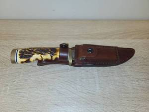 lot 120 image: Fixed Blade Hunting Knife with Stag Handle, Leather Sheath and Sharpening Stone
