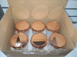 lot 62 image: Glass Mason Jars with Rose Gold Lids Set of 6