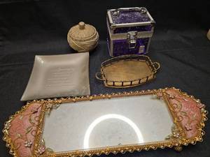 lot 50857 image: Decorative Home Accent Collection with Mirror Tray, Jewelry Box, and Keepsake Pieces