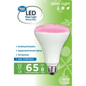 lot 61655 image: Great Value LED  8 Watts (65W Equivalent) BR30 Grow Light E26 Medium Base  Non-Dimmable  Plant  1-Pack