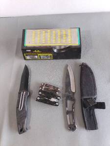 lot 104 image: Diamond Life 4-Sided Hone Knife Sharpener with Folding Knife, Fixed Blade Knife with Sheath, and Multi-Tool Set