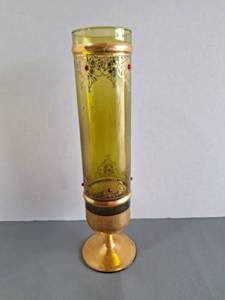 lot 120 image: Bohemian Yellow-Green Glass Vase with Gilt Brass Base and Red Jewel Accents