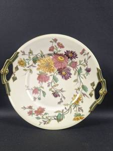 lot 8 image: 10.5 Diameter Limoges dessert plate by D&C (Delinieres & Co) features a cream-colored porcelain body decorated with purple and yellow chrysanthemums and ornate gold highlights