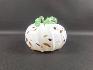lot 10 image: Glass Pumpkin White w Green Leaves Approximately 4.5 Inches Diameter