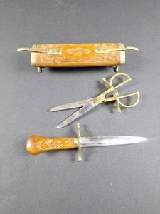 lot 21 image: RARE Vtg Hand Carved Wood Sheath Scissor and Letter Opener Set, Brass Accent