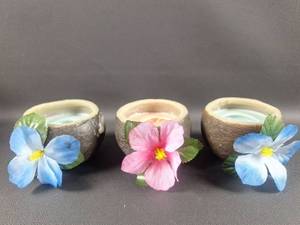 lot 88 image: Set of 3 Wax Coconut Shell Candle Holders with Floral Decorations