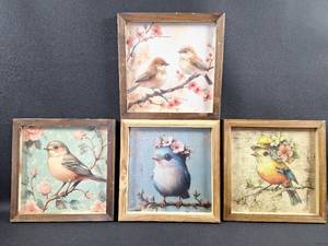 lot 52 image: (4) 8 by 8 inch Wood Framed Bird Wall Decor