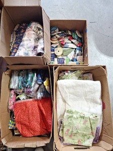 lot 63 image: LARGE Lot of Quilting Fabrics, Embroidery Thread and Sewing Notions 4 Big Boxes (other items pictured not included)