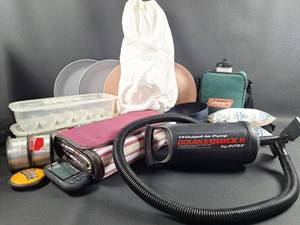 lot 69 image: Outdoor & Camping Gear Bundle with Intex Double Quick II Air Pump, Bear Bag for food, and Blanket with Carry Strap