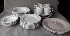 lot 90 image: White Dinnerware Set with Rope Pattern Plates Bowls Cups and Saucers