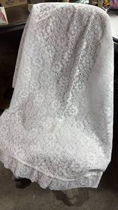 lot 96 image: 53 inch by 104 inch Pure White Lace Tablecloth with Daisy Pattern and Ruffle Edge