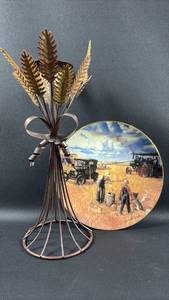 lot 99 image: Wheat Shock Candle Holder and Bountiful Harvest by Emmettkaye Farming the Heartland Plate F7668