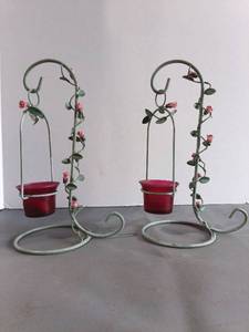 lot 137 image: Pair of Metal Candle Hangers Stands with Red Votive Holders and Climbing Vine Design