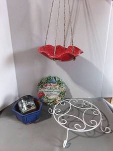 lot 141 image: Garden Decor Lot Small Hanging Bird Bath, Plant Stand, Planter, Wall Plaque
