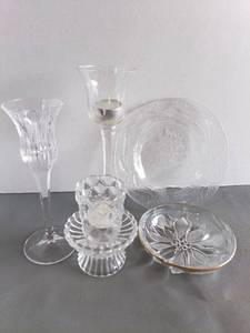 lot 146 image: Glass Table Decor Candleholder, Plates, and Dishes