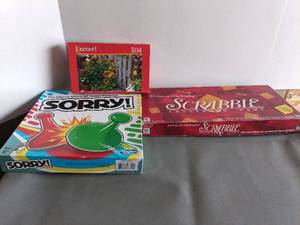lot 147 image: Board Game Lot Sorry, Scrabble Crossword Game, Encore 504 Puzzle
