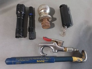 lot 162 image: Estwing Tool Lot Air Hose Nozzle  2 Flashlights, 6 Pieces. Container of Mace