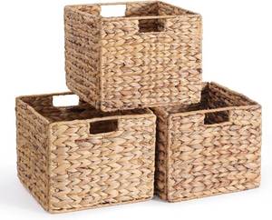 lot 1203 image: $60 Water Hyacinth Storage Baskets, Wicker Storage Cubes Set of 3, 12x12x10