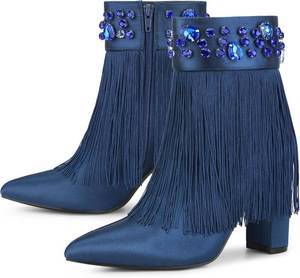 lot 1214 image: $50 Perphy Pointed Toe Fringe Rhinestone Chunky Heel Ankle Boots for Women