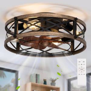 lot 1221 image: $70 Farmhouse Caged Ceiling Fan with Light, Flush Mount Fandelier, 6-Speed
