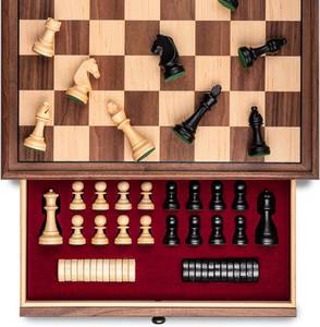 lot 1258 image: $84 A&A 15 Walnut Chess Set with Drawer, Triple Weighted Pieces, 3 King