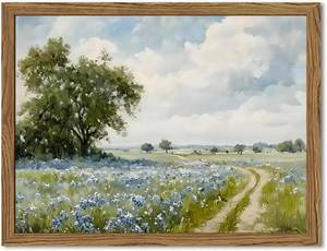 lot 1270 image: Framed Vintage Canvas Wall Art - Country Landscape, Wildflower Field 8x10