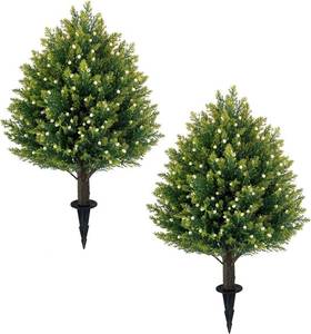 lot 1332 image: 21 White Berries Topiary Balls with Ground Spike, 2-Pack Cedar Shrubs