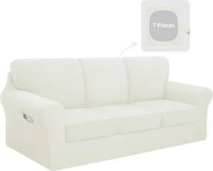 lot 1343 image: $63 Easy-Going 7-Piece Stretch Couch Cover, Elastic Bottom, Ivory Large