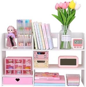 lot 1366 image: Cute Bookshelf for Desk with Drawer, Kawaii Desk Organizer (Pink)