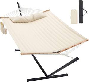 lot 1375 image: $129 Homgava 2-Person Hammock with Stand, Outdoor Patio, 480lbs, Off White