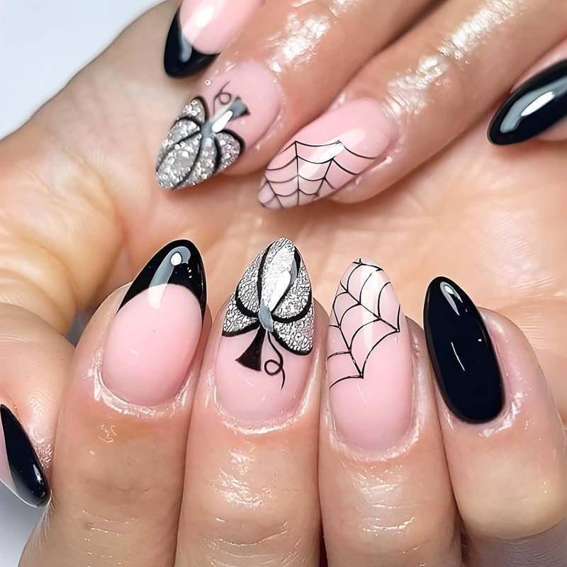 lot 64198 image: Halloween Press on Nails Almond Fake Nails Nude Acrylic Nails Spider Web Glue on Nails Glitter Artificial Nails with Pumpkin Designs False Nails Medium Shimmery Nails Press ons 24Pcs
