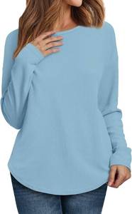 lot 67106 image: WIHOLL Womens Long Sleeve Tops Crewneck Knitted Ribbed Shirts Fall Curved Hem Tunic Tops 2024 Fashion Clothes
