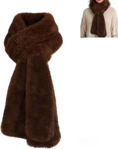 lot 67108 image: Faux Fur Scarf With Hidden Zipper Pocket For Cell Phone And Valuables, Pull Through Scarf, Brown, For Winter Warmth