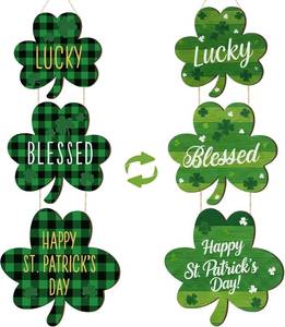 lot 67270 image: Yookeer St Patricks Day Decoration Wooden Shamrock Door Sign with Rope Shamrock Hanging Sign Lucky Clover Door Hanger Irish Hanging Decorations for Porch Wall Entryway Decor(Shamrocks)