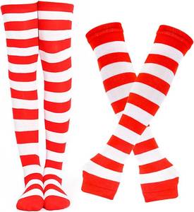 lot 67457 image: BigOtters Red and White Striped Knee Socks & Long Arm Warmer Gloves, Crazy Socks for Kids, Crazy Outfit Accessories for Women, Themed Party, Cheerleading & Sports Costume
